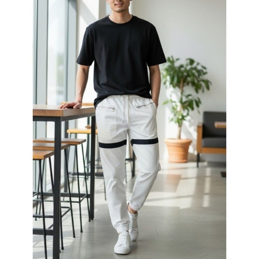 Henry & William White Jogger Jeans With Black Stripe Detail & Zipper Pockets Siz